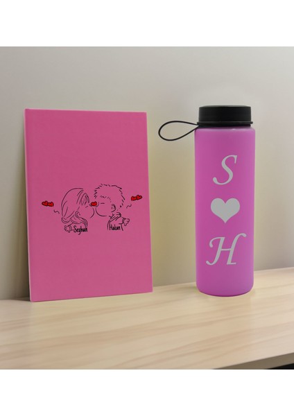 Sevgiliye Özel Isimli Pembe Defter ve Cam Matara Hediye Seti-8, Sevgiliye Hediye, Sevgililer Günü, Yeni iş hediyesi