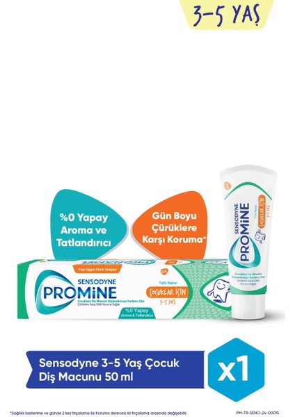 Promine 3-5 Yaş Çocuklar İçin Gün Boyu Çürüklere Karşı Koruyan Şekersiz Diş Macunu 50  ml