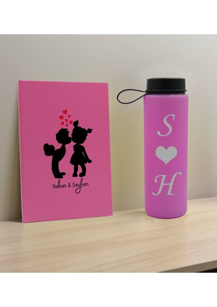 Sevgiliye Özel Isimli Pembe Defter ve Cam Matara Hediye Seti-16, Sevgiliye Hediye, Sevgililer Günü, Yeni iş hediyesi
