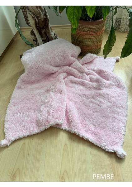 El Örgüsü Ponpon Detaylı Kalın Peluş Bebek Triko Battaniye 85*95 cm