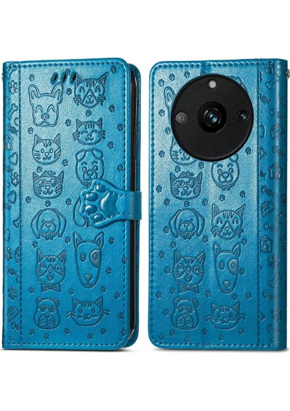 Realme 11 Için Deri Kısa Kayış Karikatür Hayvanlar Çevirin Telefon Kılıfı (Yurt Dışından)