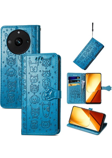 Realme 11 Için Deri Kısa Kayış Karikatür Hayvanlar Çevirin Telefon Kılıfı (Yurt Dışından)