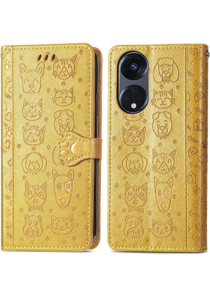 Oppo 8t 5g Flip Için Karikatür Hayvanlar Kısa Kayış Deri Telefon Kılıfı (Yurt Dışından)
