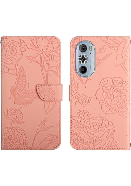 Motorola Kenar 30 Pro Çiçekler ve Bilek Kayışı Pu ile Kelebekler Için Telefon Kılıfı (Yurt Dışından)