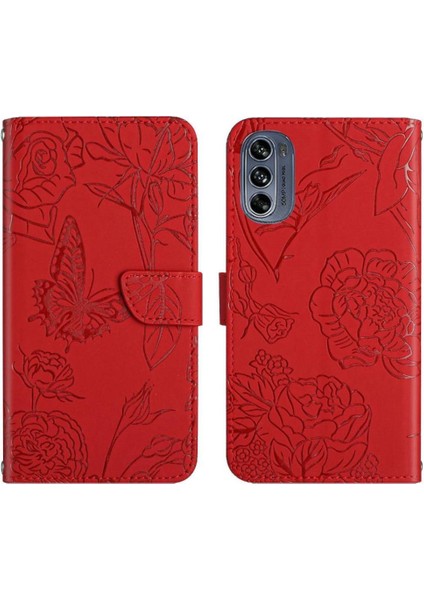 Motorola Moto G62 5g Bilek Kayışı Çiçekler ve Kelebekler Pu ile Telefon Kılıfı (Yurt Dışından)