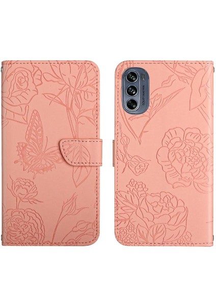 Motorola Moto G62 5g Bilek Kayışı Çiçekler ve Kelebekler Pu ile Telefon Kılıfı (Yurt Dışından)
