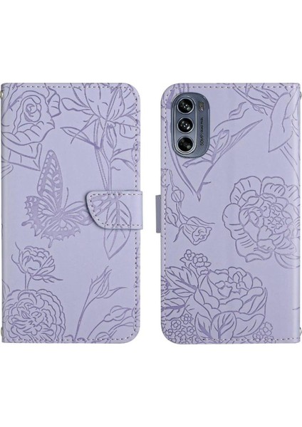 Motorola Moto G62 5g Bilek Kayışı Çiçekler ve Kelebekler Pu ile Telefon Kılıfı (Yurt Dışından)