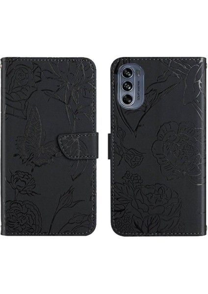 Motorola Moto G62 5g Bilek Kayışı Çiçekler ve Kelebekler Pu ile Telefon Kılıfı (Yurt Dışından)