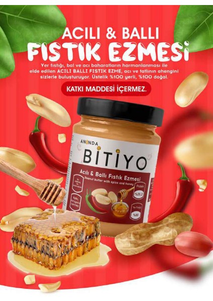 Anında Bitiyo Acılı Ballı Fıstık Ezmesi Vegan Yüksek Protein Kahvaltılık 325 gr Katkısız