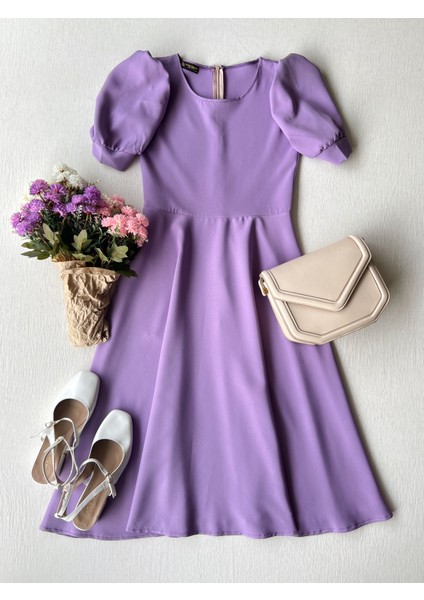 Karpuz Kollu Kadın Krep Midi Boy Kloş Elbise