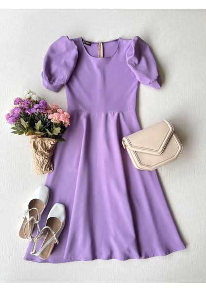 Karpuz Kollu Kadın Krep Midi Boy Kloş Elbise fiyatları