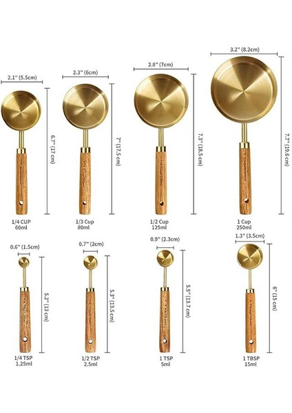 Profesyonel Paslanmaz Çelik 8 Adet Ölçü Kabı Ahşap Saplı Kuru ve Sıvı Ölçüm Kabı Ölçüm Kaşık Seti