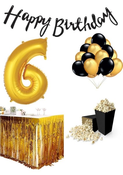 6 Yaş Gold-Siyah Balon Rakam Folyolu Banner Mısır Kutusu Masa Eteği Doğum Günü Parti Seti