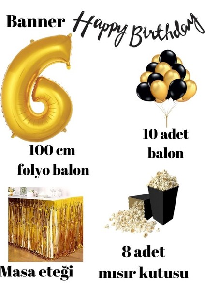 6 Yaş Gold-Siyah Balon Rakam Folyolu Banner Mısır Kutusu Masa Eteği Doğum Günü Parti Seti fiyatları