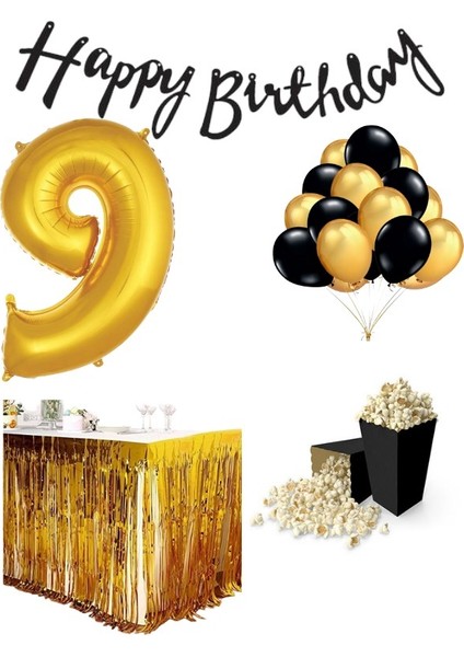 9 Yaş Gold-Siyah Balon Rakam Folyo Banner Mısır Kutusu Masa Eteği Doğum Günüparti Seti
