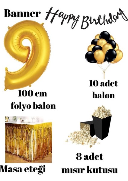 9 Yaş Gold-Siyah Balon Rakam Folyo Banner Mısır Kutusu Masa Eteği Doğum Günüparti Seti fiyatları