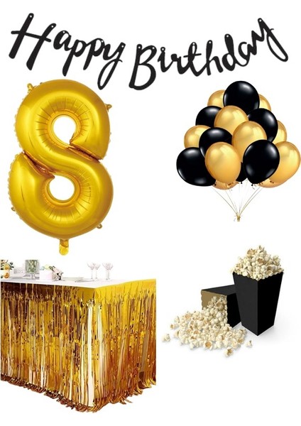 8 Yaş Gold-Siyah Balon Rakam Folyo Banner Mısır Kutusu Masa Eteği Doğum Günüparti Seti