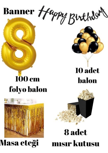 8 Yaş Gold-Siyah Balon Rakam Folyo Banner Mısır Kutusu Masa Eteği Doğum Günüparti Seti fiyatları