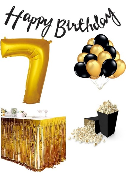 7 Yaş Gold-Siyah Balon Rakam Folyo Banner Mısır Kutusu Masa Eteği Doğum Günüparti Seti