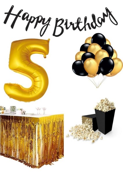 5 Yaş Gold-Siyah Balon Rakam Folyo Banner Mısır Kutusu Masa Eteği Doğum Günüparti Seti