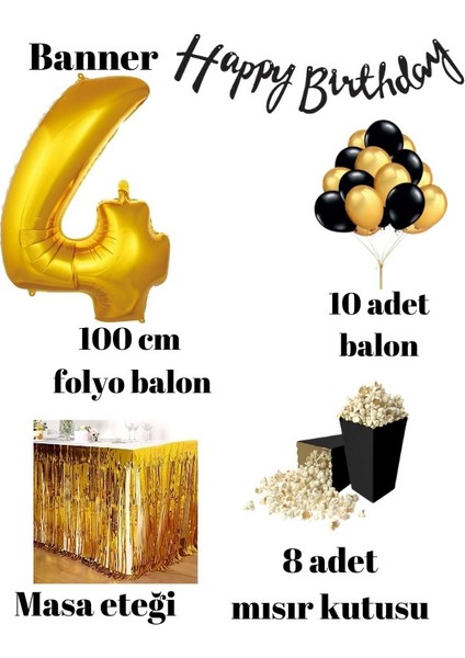 4 Yaş Gold-Siyah Balon Rakam Folyo Banner Mısır Kutusu Masa Eteği Doğum Günü Parti Seti fiyatları