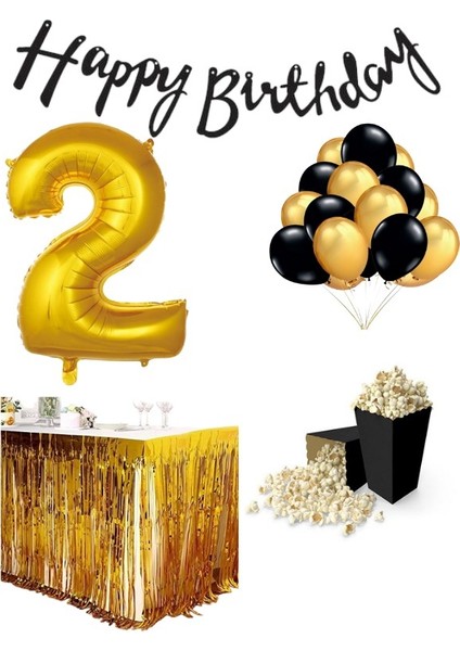2 Yaş Gold-Siyah Balon Rakam Folyo Banner Mısır Kutusu Masa Eteği Doğum Günü Parti Seti
