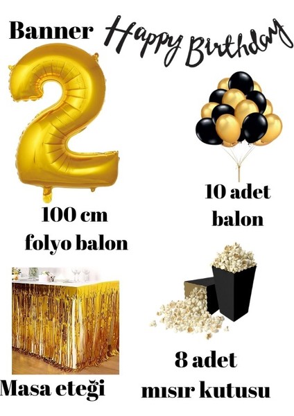 2 Yaş Gold-Siyah Balon Rakam Folyo Banner Mısır Kutusu Masa Eteği Doğum Günü Parti Seti fiyatları