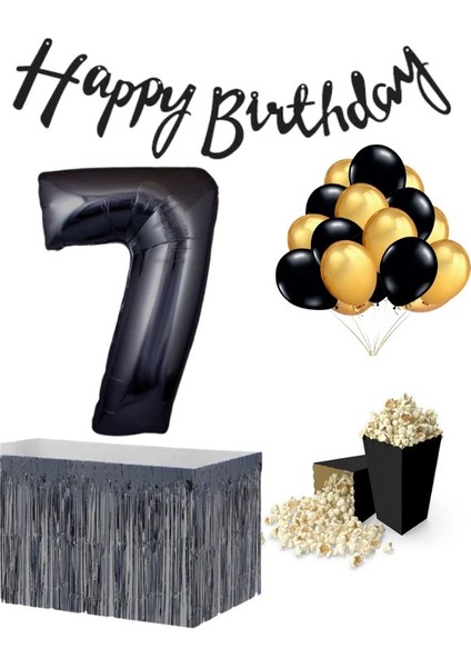 7 Yaş Siyah Balon Rakam Folyo Banner Mısır Kutusu Masa Eteği Doğum Günü Parti Seti