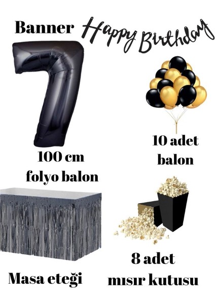 7 Yaş Siyah Balon Rakam Folyo Banner Mısır Kutusu Masa Eteği Doğum Günü Parti Seti fiyatları