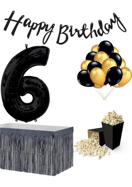 6 Yaş Siyah Balon Rakam Folyo Banner Mısır Kutusu Masa Eteği Doğum Günü Parti Seti