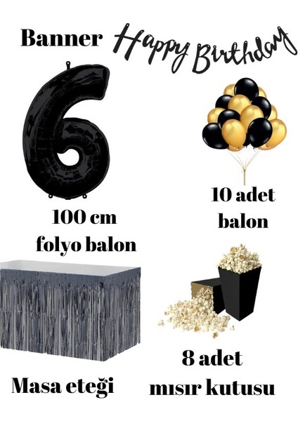 6 Yaş Siyah Balon Rakam Folyo Banner Mısır Kutusu Masa Eteği Doğum Günü Parti Seti fiyatları
