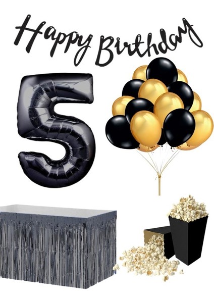5 Yaş Siyah Balon Rakam Folyo Banner Mısır Kutusu Masa Eteği Doğum Günü Parti Seti