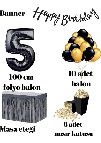 5 Yaş Siyah Balon Rakam Folyo Banner Mısır Kutusu Masa Eteği Doğum Günü Parti Seti fiyatları