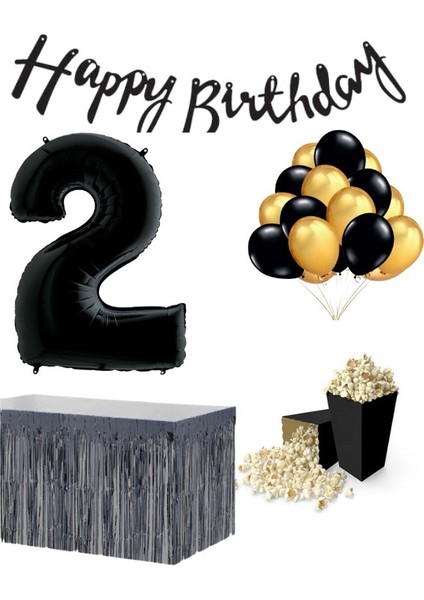 2 Yaş Siyah Balon Rakam Folyo Banner Mısır Kutusu Masa Eteği Doğum Günü Parti Seti