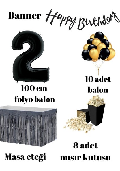 2 Yaş Siyah Balon Rakam Folyo Banner Mısır Kutusu Masa Eteği Doğum Günü Parti Seti fiyatları