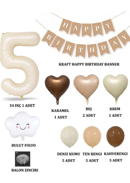 5 Yaş Retro Doğum Günü Seti; Krem Rakam Folyo, Banner, Kalp Folyo ve Lateks Balon fiyatları