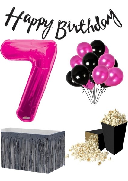 7 Yaş Pembe Balon Rakam Folyo Banner Mısır Kutusu Masa Eteği Doğum Günü Parti Seti