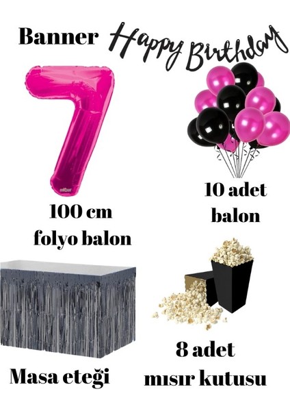 7 Yaş Pembe Balon Rakam Folyo Banner Mısır Kutusu Masa Eteği Doğum Günü Parti Seti fiyatları