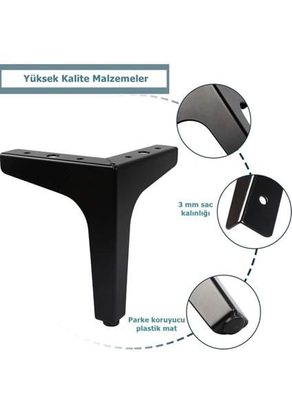 12 cm Modern Model Siyah Metal Mobilya, Dolap, Koltuk, Tv Ünitesi Ayakları (4 Adet)-Robot Süpürge