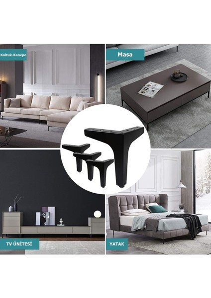 12 cm Modern Model Siyah Metal Mobilya, Dolap, Koltuk, Tv Ünitesi Ayakları (4 Adet)-Robot Süpürge