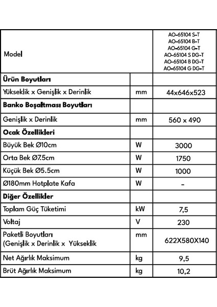 AO-65104 B-T 65 cm 4 Gözü Gazlı Ankastre Ocak