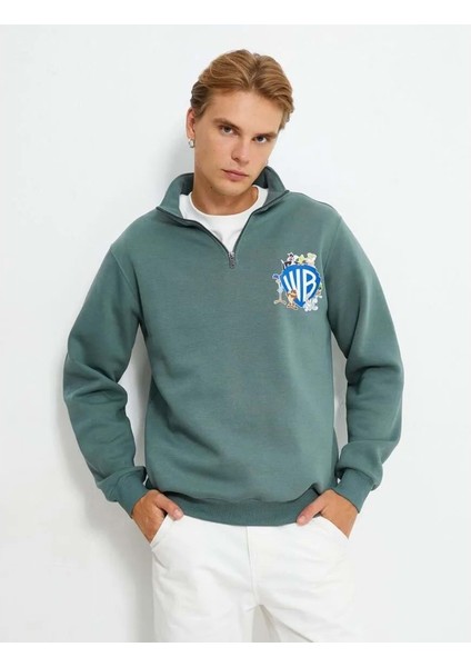 Warner Bros Yarım Sweatshirt Lisanslı Baskılı - - 4Wam70027Mk - Yeşil - L
