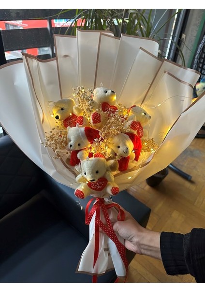 Ayıcık Çiçek Buketi 14 Şubat Sevgililer Günü Hediyesi Teddy Bear Ledli,kolye Hediyeli Sevimli Ponçik