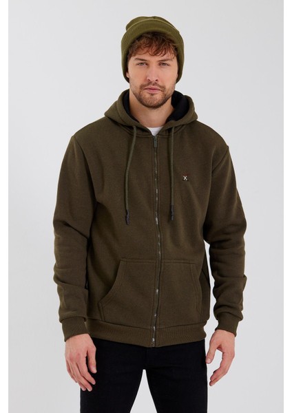 Erkek Kanguru Cep 3 Iplik Sweatshirt Haki