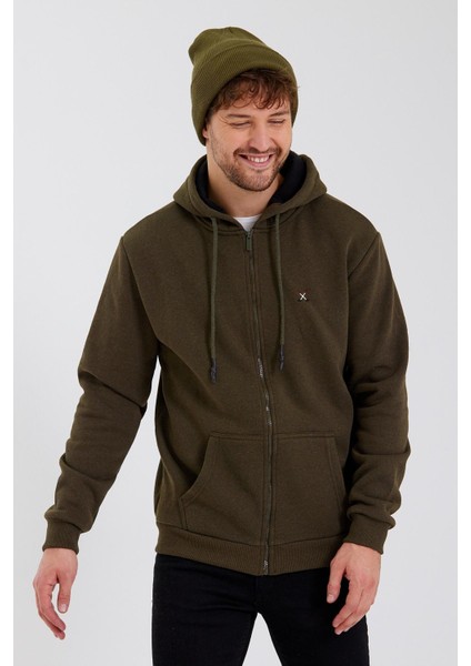 Erkek Kanguru Cep 3 Iplik Sweatshirt Haki fırsatları