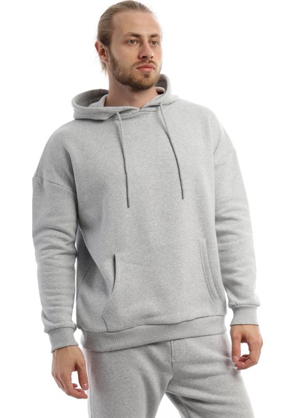Erkek 3 İplik Pamuklu İçi Polarlı Oversize Kapüşonlu Kanguru Cepli Gri Sweatshirt