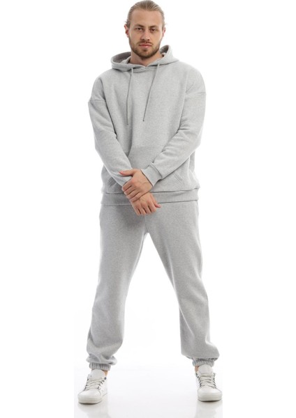 Erkek 3 İplik Pamuklu İçi Polarlı Oversize Kapüşonlu Kanguru Cepli Gri Sweatshirt fiyatları