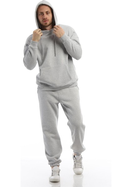 Erkek 3 İplik Pamuklu İçi Polarlı Oversize Kapüşonlu Kanguru Cepli Gri Sweatshirt modelleri