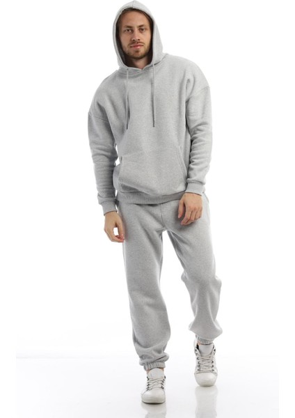 Erkek 3 İplik Pamuklu İçi Polarlı Oversize Kapüşonlu Kanguru Cepli Gri Sweatshirt fırsatları