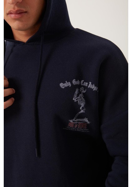 Erkek 3 İplik Pamuklu İçi Polarlı Ön Arka Baskılı Oversize Kapüşonlu Lacivert Sweatshirt fiyatları